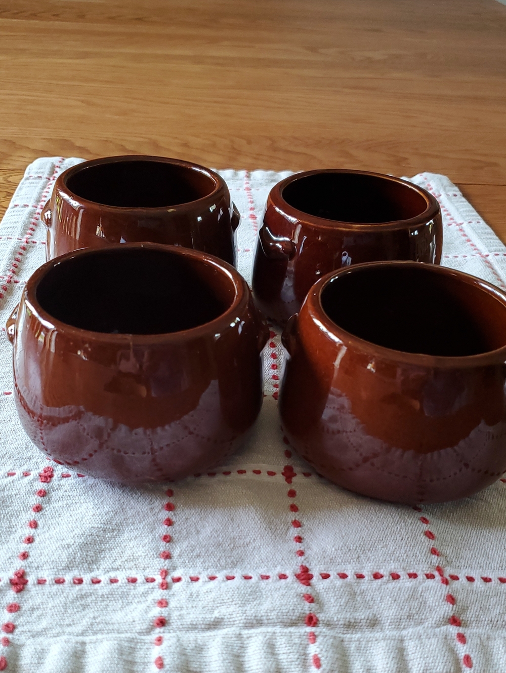 West Bend Vintage Crock Brown Glazed Bean Chili Bowls Pots Individual